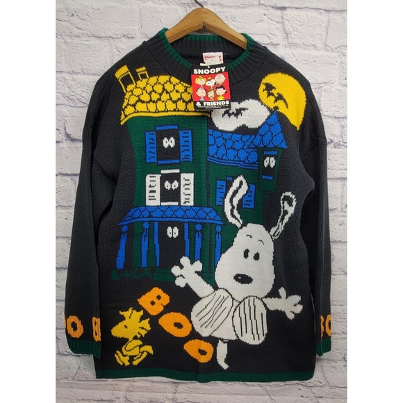 Snoopy Sweaters - Vintage Snoopy sz Large Halloween Sweater Woodstock BOO Haunted House USA NEW‎